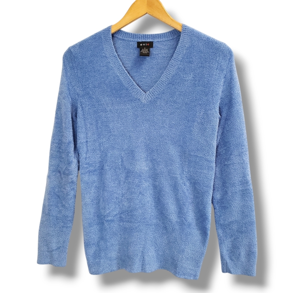 Evie Blue Fuzzy Knit Crew Sweater Size Small